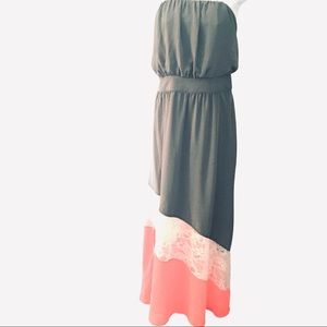 BEBE OLIVE GREEN ORANGE & CREAM LACE MAXI DRESS